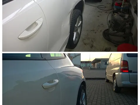 Weißer VW Scirocco mit Seitenschaden und nach der Instandsetzung
